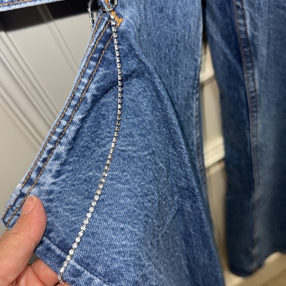 Zara MID WAIST STRAIGHT LEG CUT OUT JEWEL JEANS studded pants denim wide leg - Picture 10 of 11